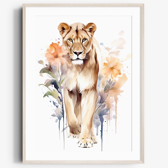 Other - Watercolor Lioness With Flowers Portrait Wall Art Illustration Print Unframed